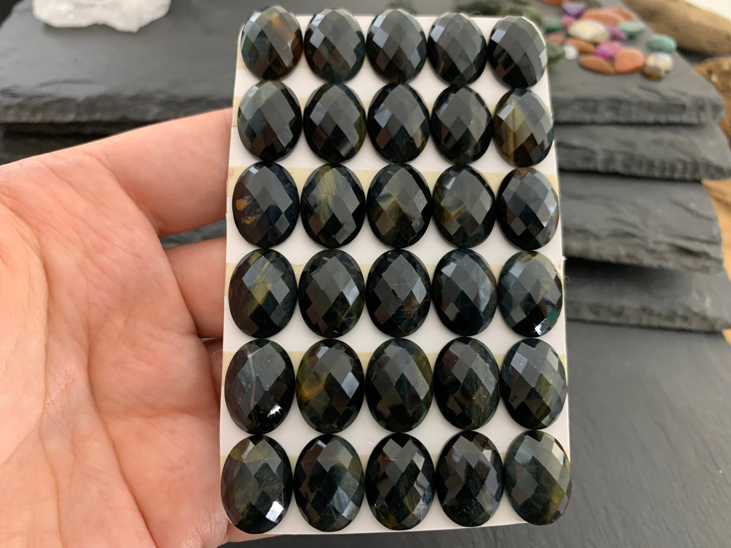 Faceted Yellow Blue Tiger Eye oval 12x16mm cabochon - Calibrated cabochons