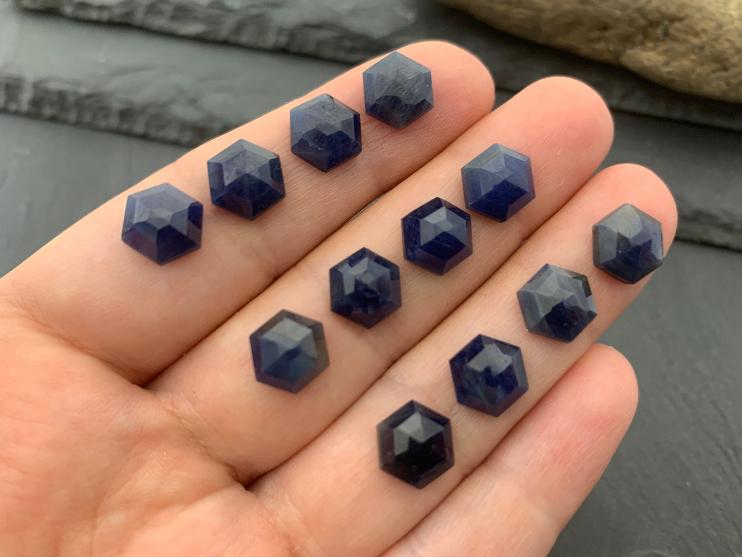 Faceted Blue Sapphire hexagon 8mm cabochon