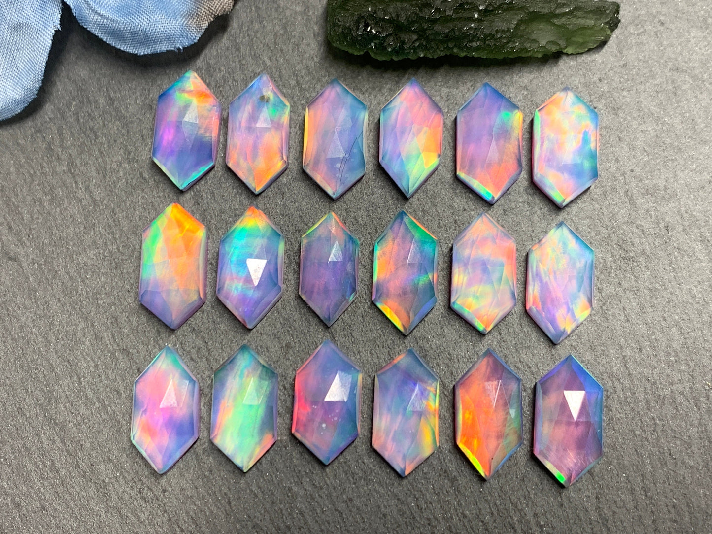 Faceted Aurora Opal long hexagon 8x16m cabochon - Doublet cabochons
