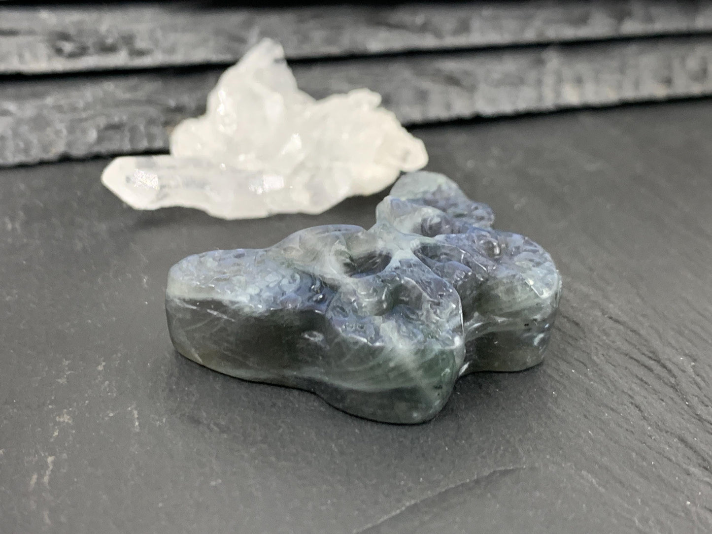 Ghost Face Butterfly Carving - Hand Carved Gemstone, Natural Labradorite Stone Gift