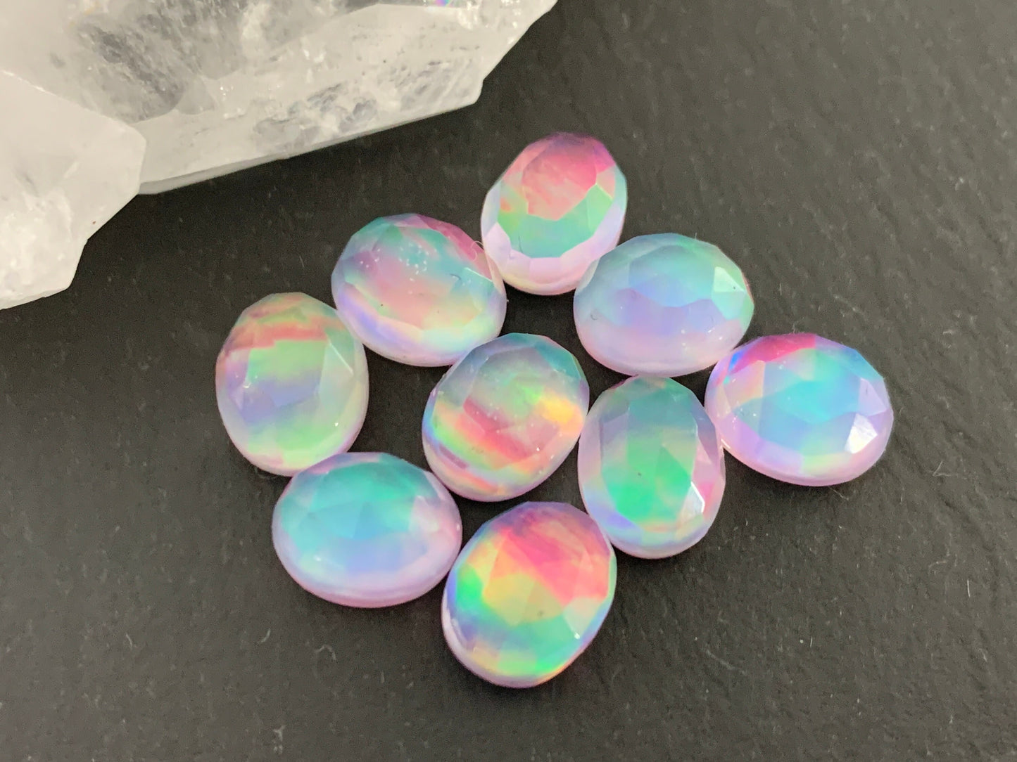 Faceted Aurora Opal oval 8x10mm cabochon - Doublet cabochons