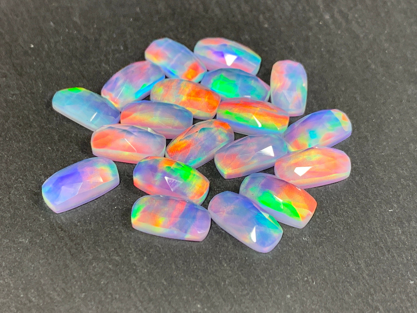 Faceted Aurora Opal rectangle cushion 7x14mm cabochon - Doublet cabochon