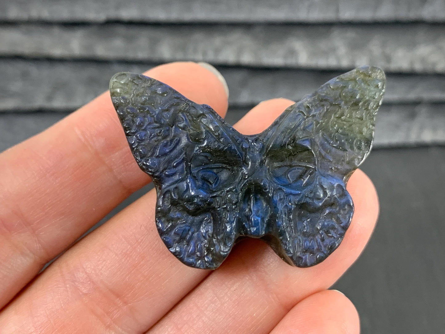 Labradorite Ghost Face Carving - 29x40mm Flat Back Butterfly Gemstone Sculpture