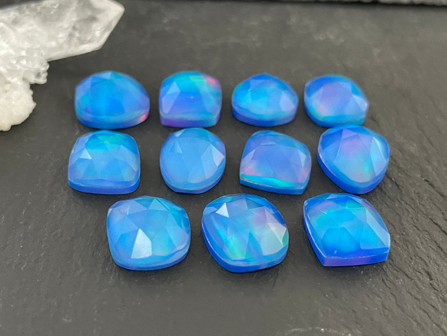 Faceted Aurora Opal 11-12mm long cabochon - Doublet cabochons