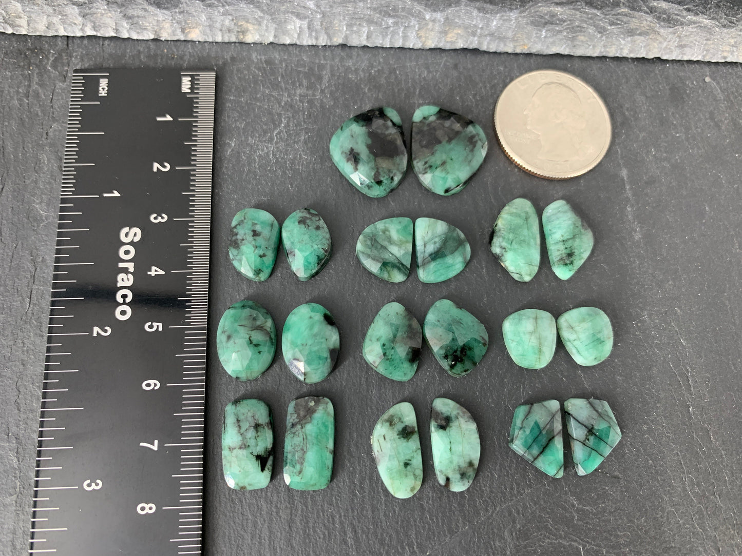 Faceted Emerald Pair 13-17mm long cabochon