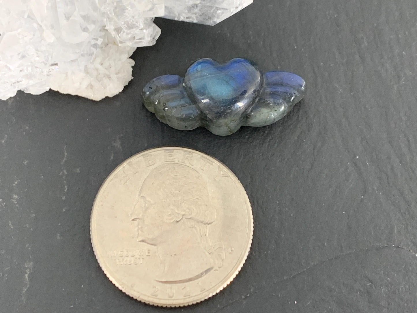 Labradorite Heart with Wings 25x10mm. Hand Carved Gemstone