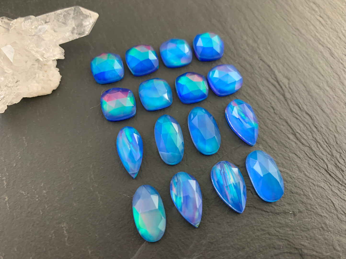 Faceted Aurora Opal 10-15mm long cabochon - Doublet cabochons