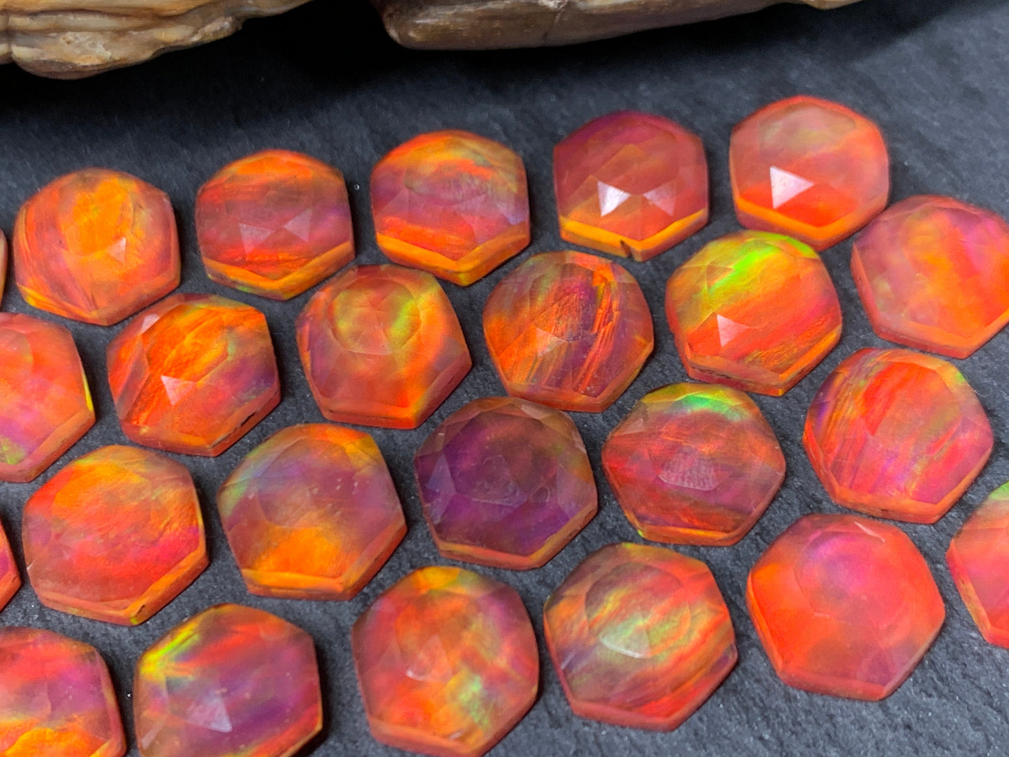 Faceted Orange Aurora Opal hexagon 10mm cabochon - Doublet cabochons