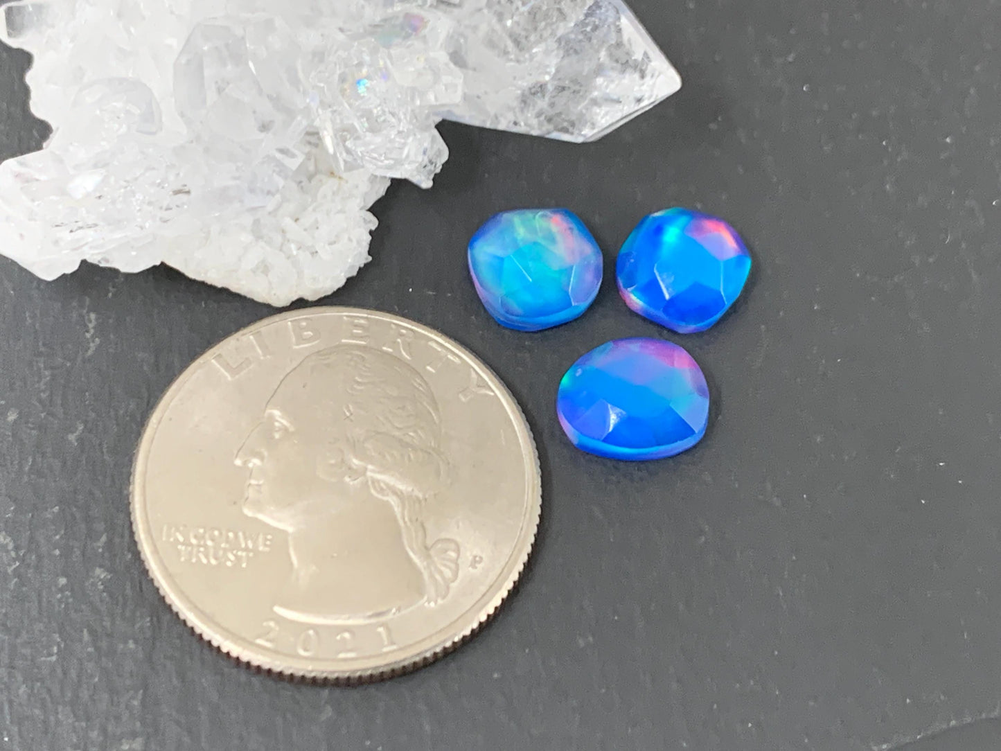 Faceted Aurora Opal free form 8-9mm long doublet cabochons
