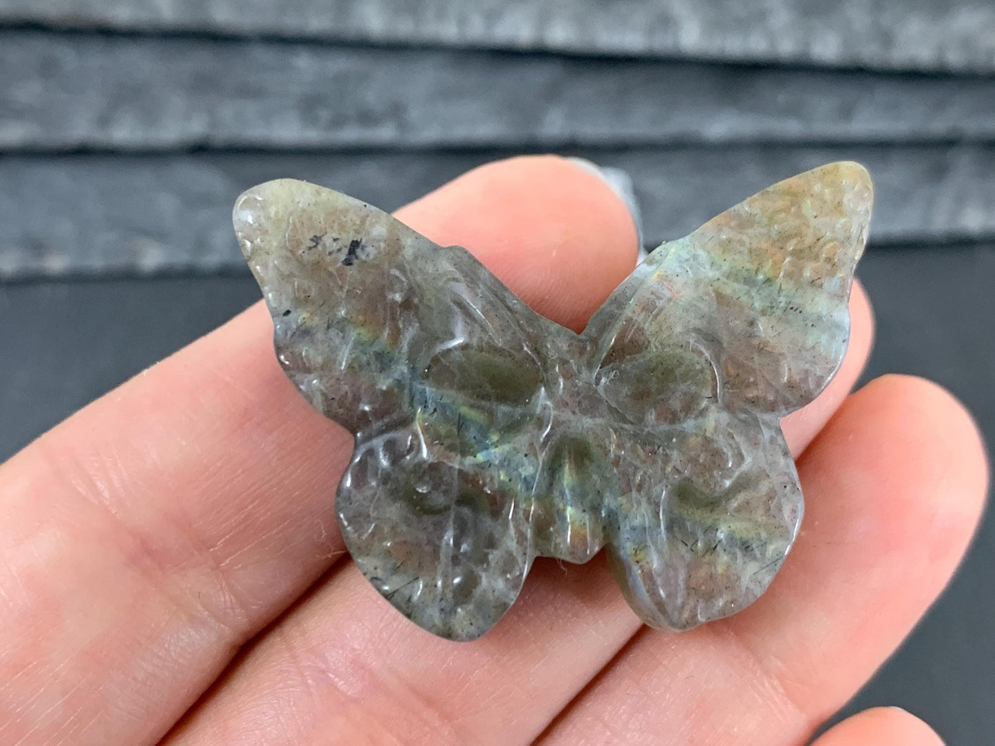 Labradorite Butterfly Carving – Natural 28x40mm Ghost Face Flat Back Gem