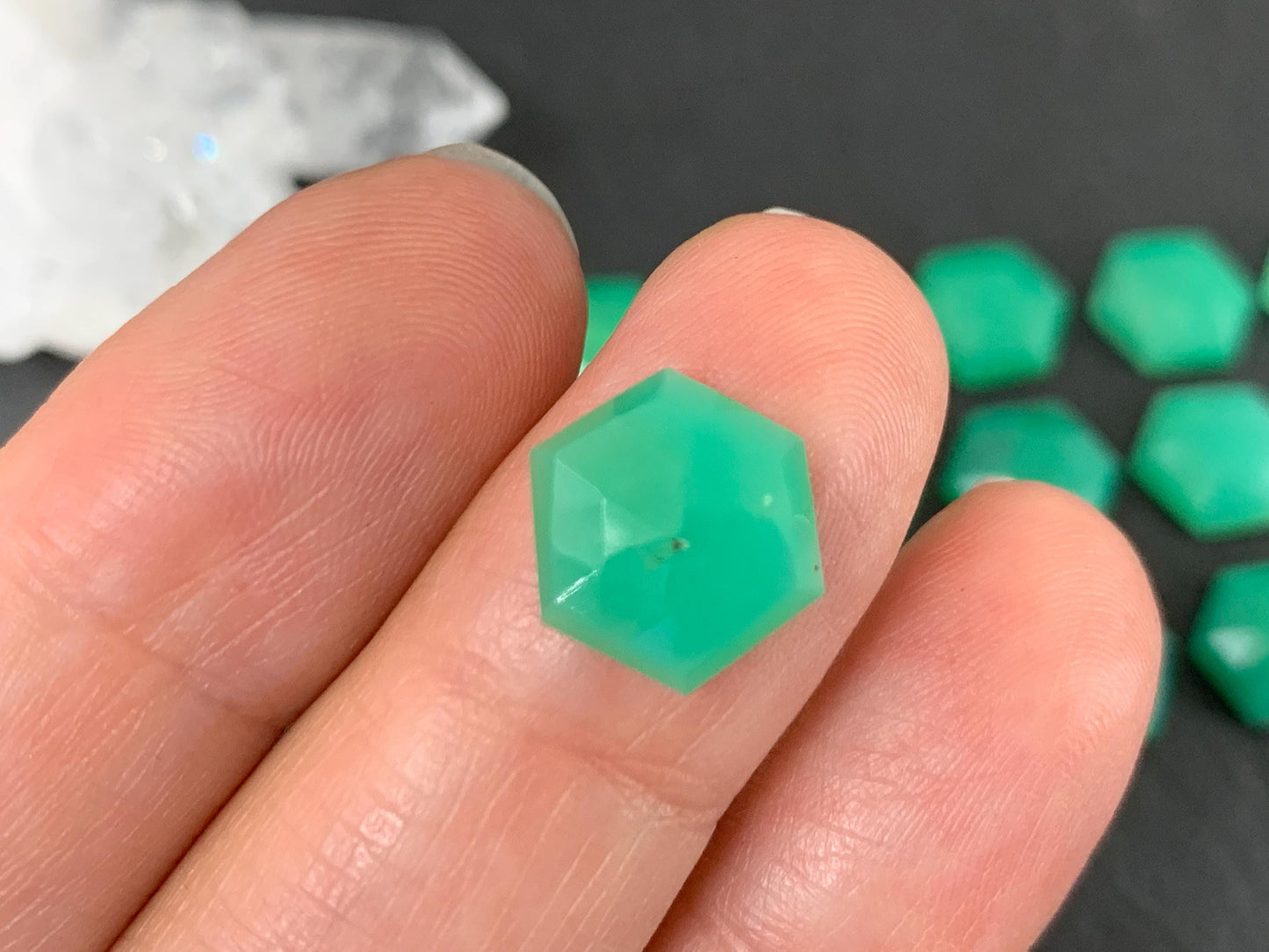 Faceted Chrysoprase hexagon 10mm cabochon