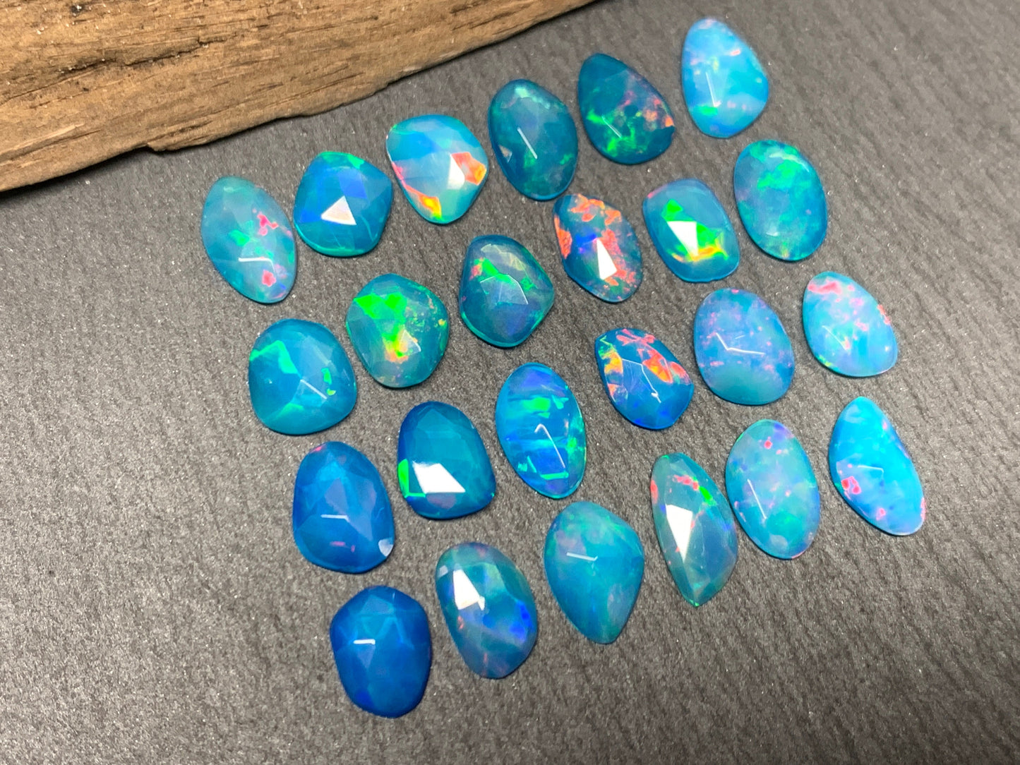 Faceted Blue Ethiopian Opal 8-10mm long cabochon