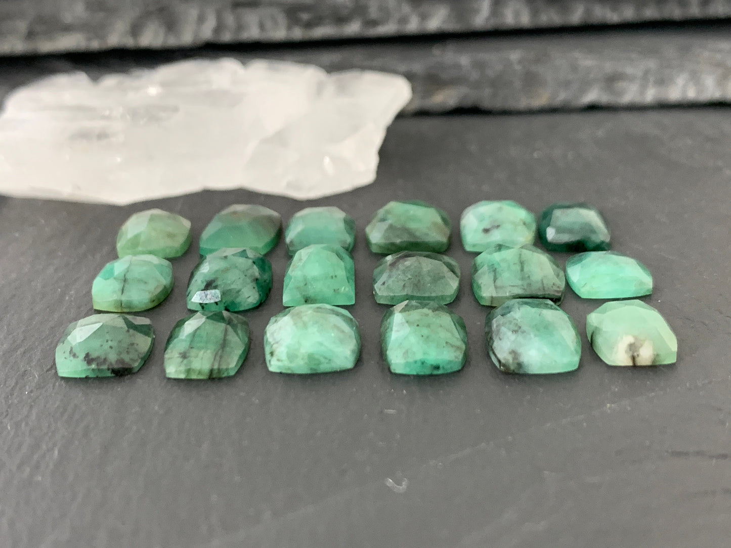 Emerald Faceted rectangle 9-11mm long cabochon