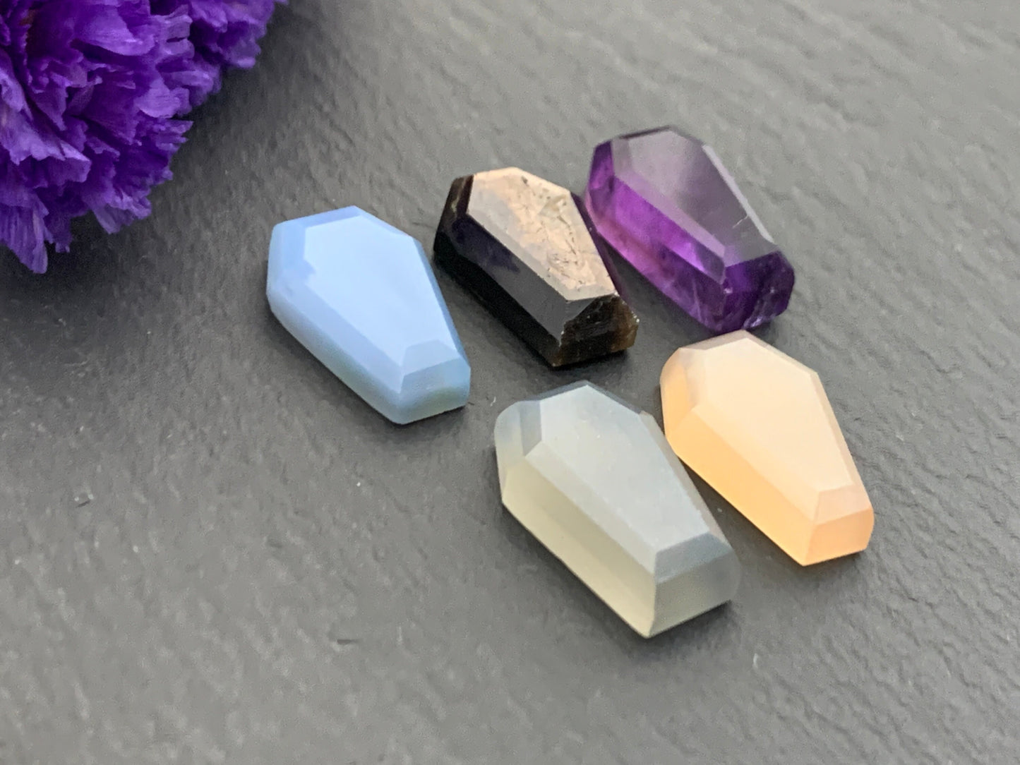Faceted coffin 10x16mm cabochon- Blue Opal, Star Sapphire, Amethyst, Grey Moonstone, Peach Moonstone