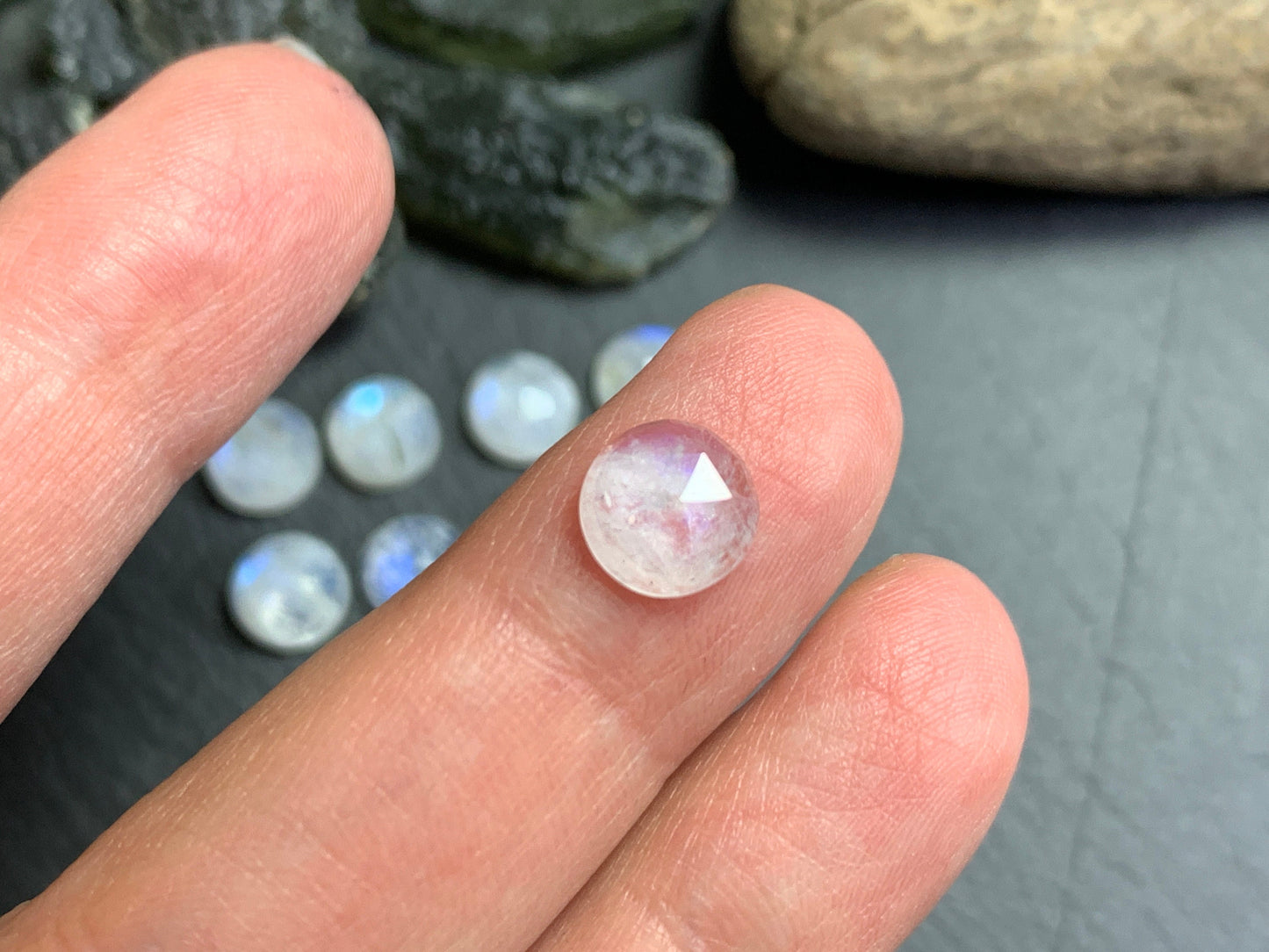 Faceted Rainbow Moonstone round 8mm cabochon