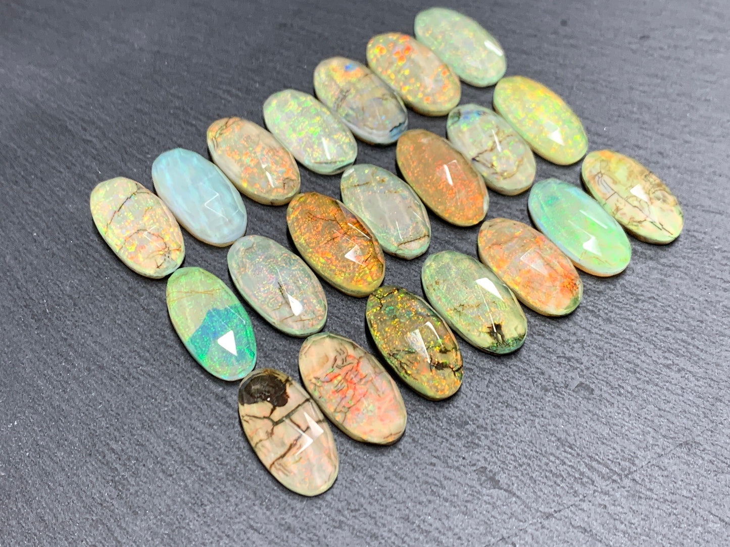 Faceted Monarch Opal oval 10x20mm cabochons - Doublet cabochons