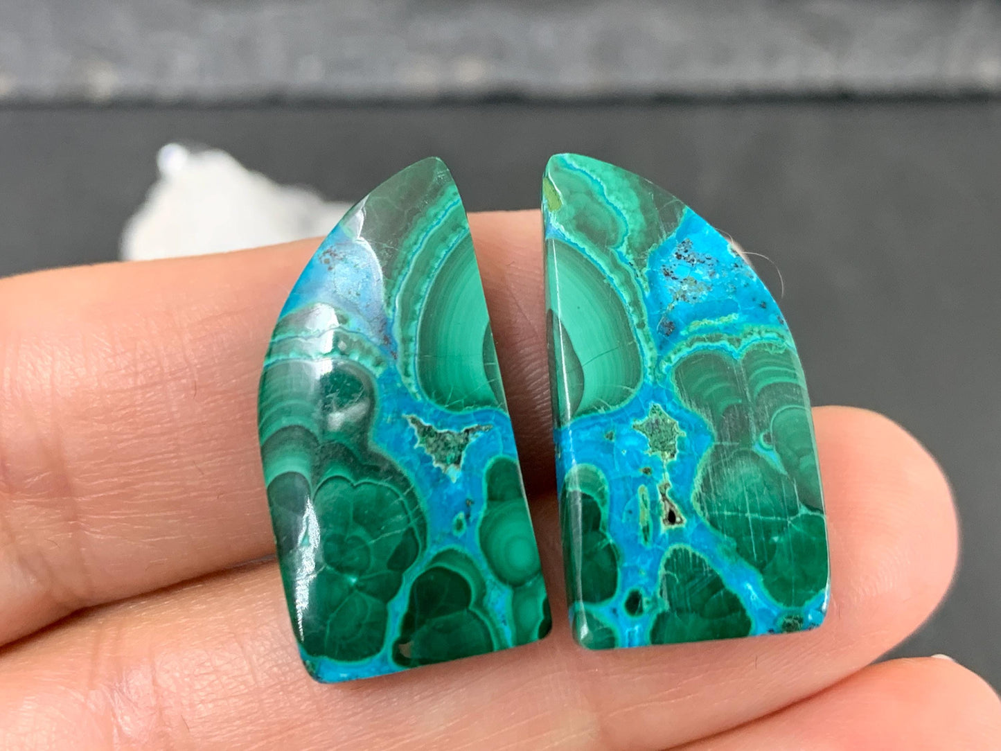 Malachite Chrysocolla free form 13x25x4mm cabochon pair