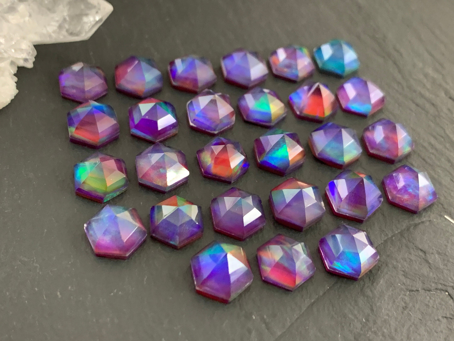 Faceted Aurora Opal hexagon 8x9mm cabochon - Doublet cabochons