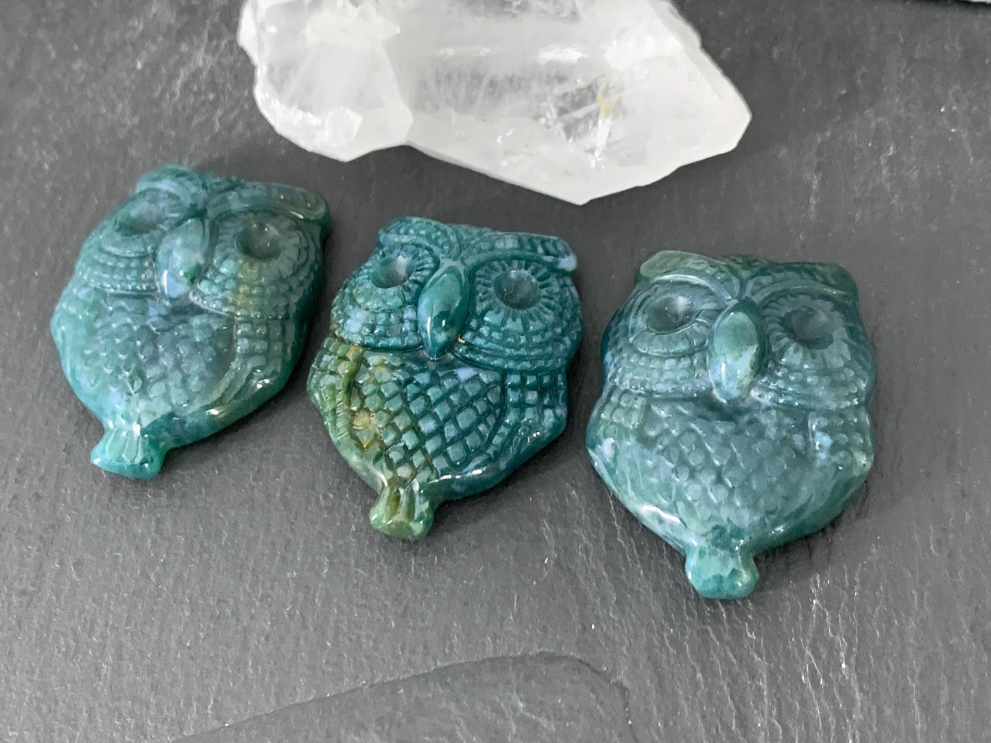 Ocean Jasper owl top drilled cabochon carving