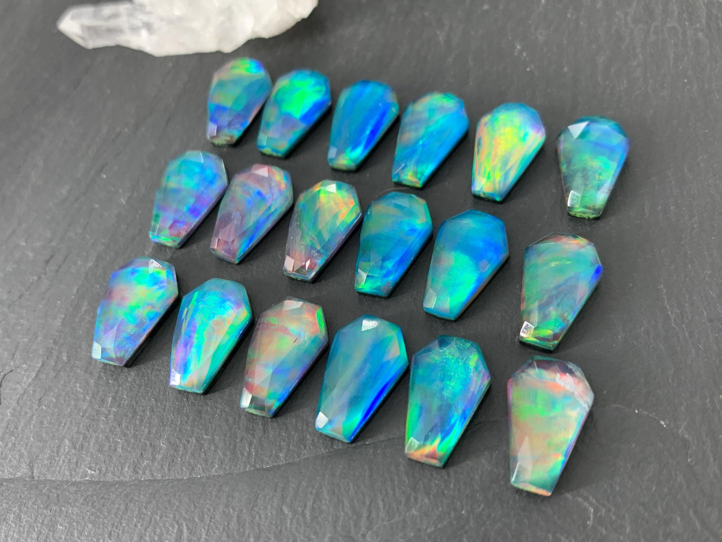 Faceted Aurora Opal coffin 10x16mm cabochon - Doublet cabochons