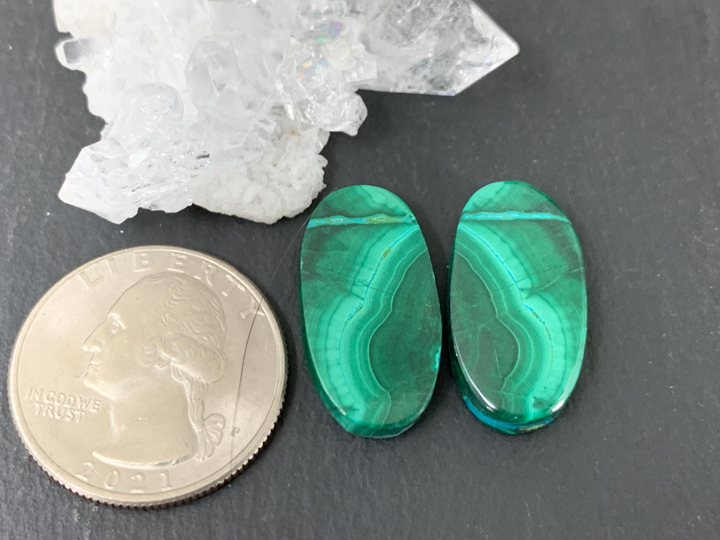 Malachite oval 12x23x4mm cabochon pair