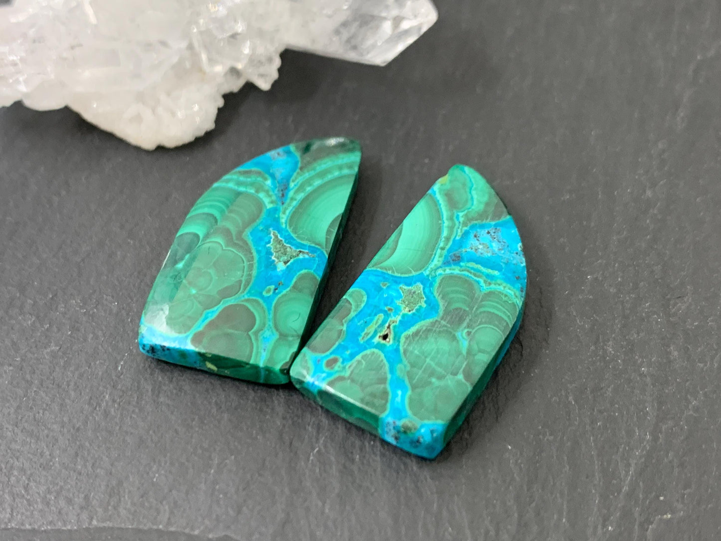 Malachite Chrysocolla free form 13x25x4mm cabochon pair