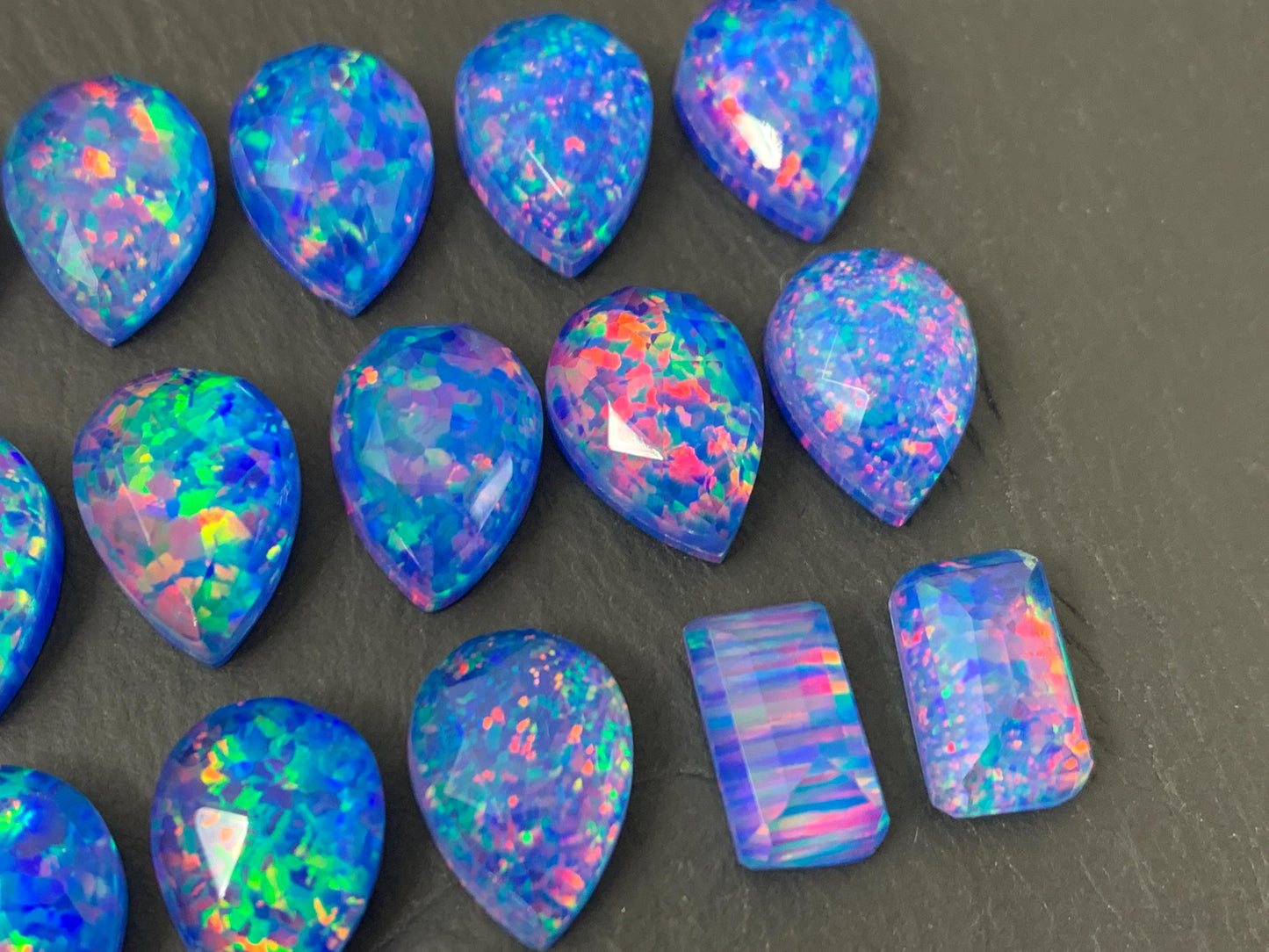 Faceted Aurora Opal Pear 10x14mm, rectangle 7x12mm doublet cabochons - Doublet cabochons