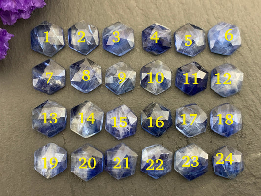 Faceted Kyanite Hexagon 8mm Cabochon - Natural Blue Gemstone Cut