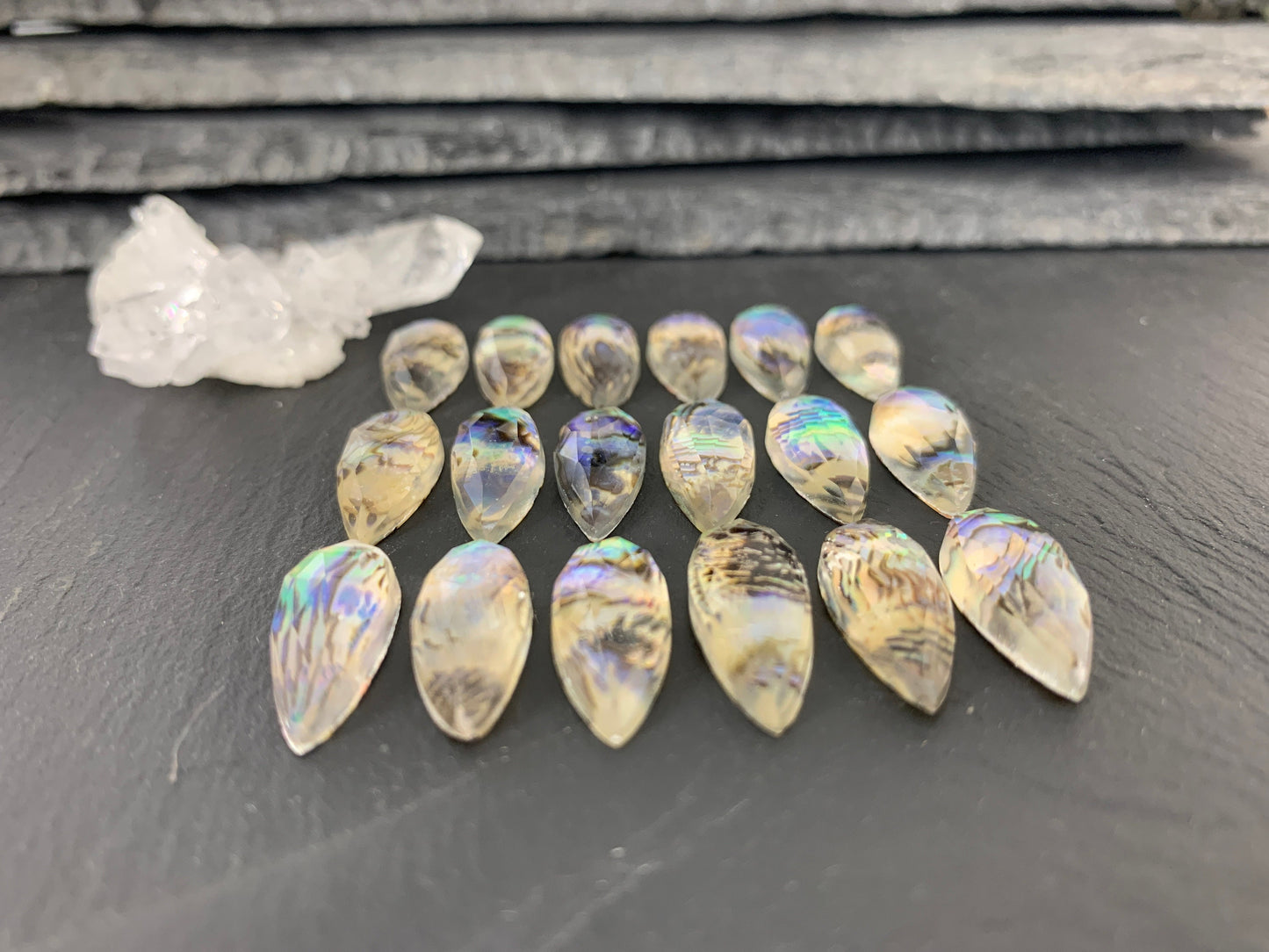 Faceted Abalone Crystal pear 10x20mm doublet cabochon