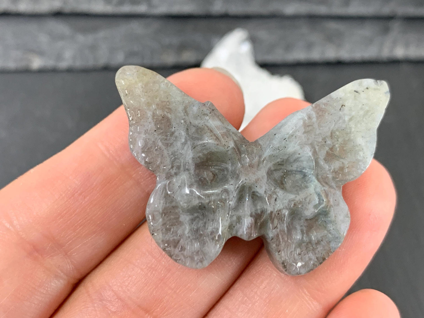 Natural Labradorite Carving - Ghost Face Butterfly 29x40mm Flat Back Gemstone