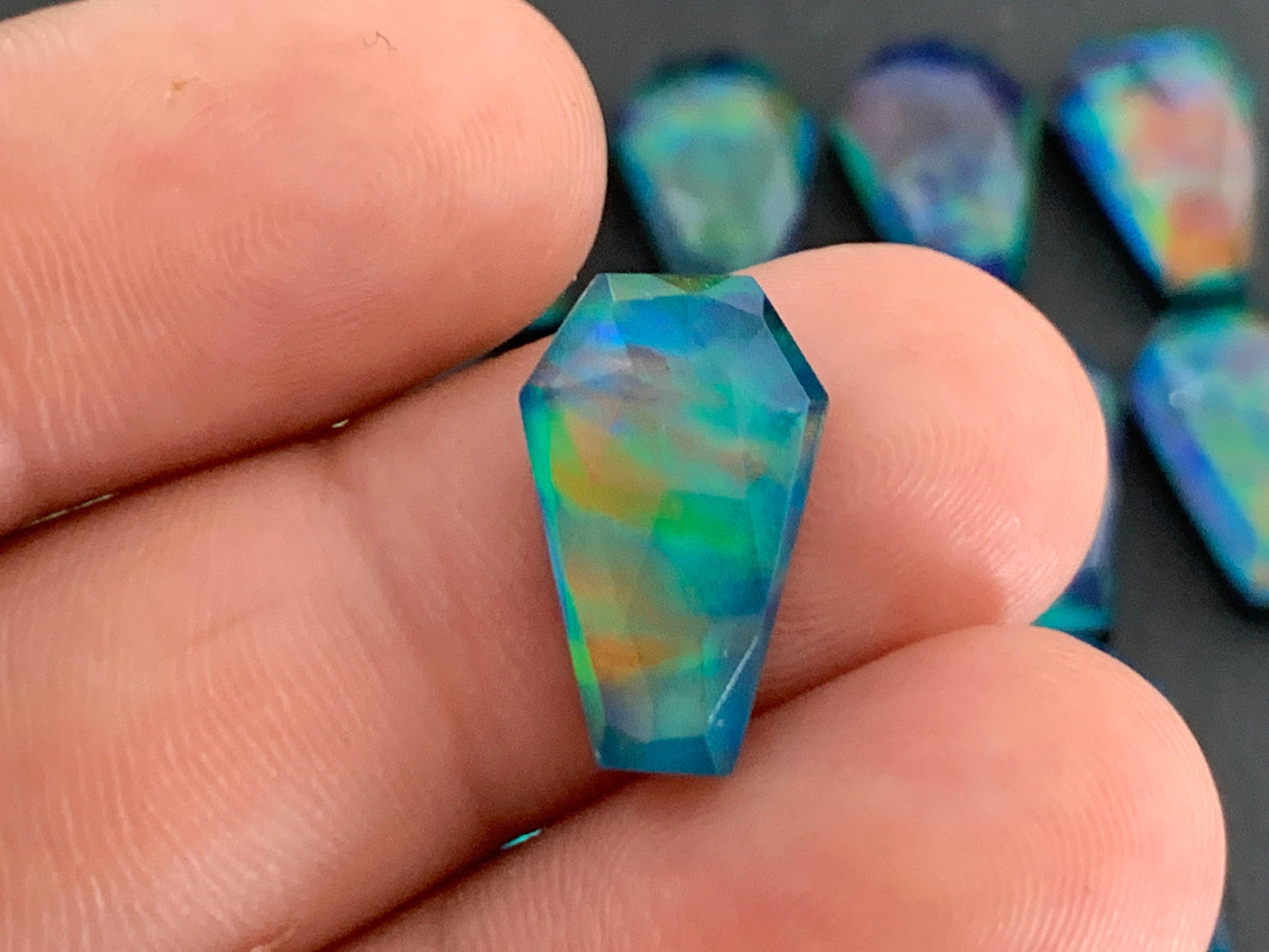 Faceted Aurora Opal coffin 10x16mm cabochon - Doublet cabochons
