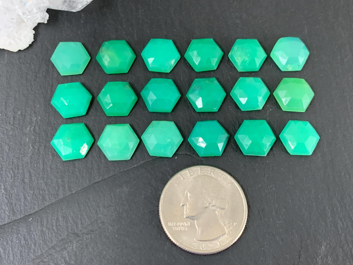 Faceted Chrysoprase hexagon 10mm cabochon