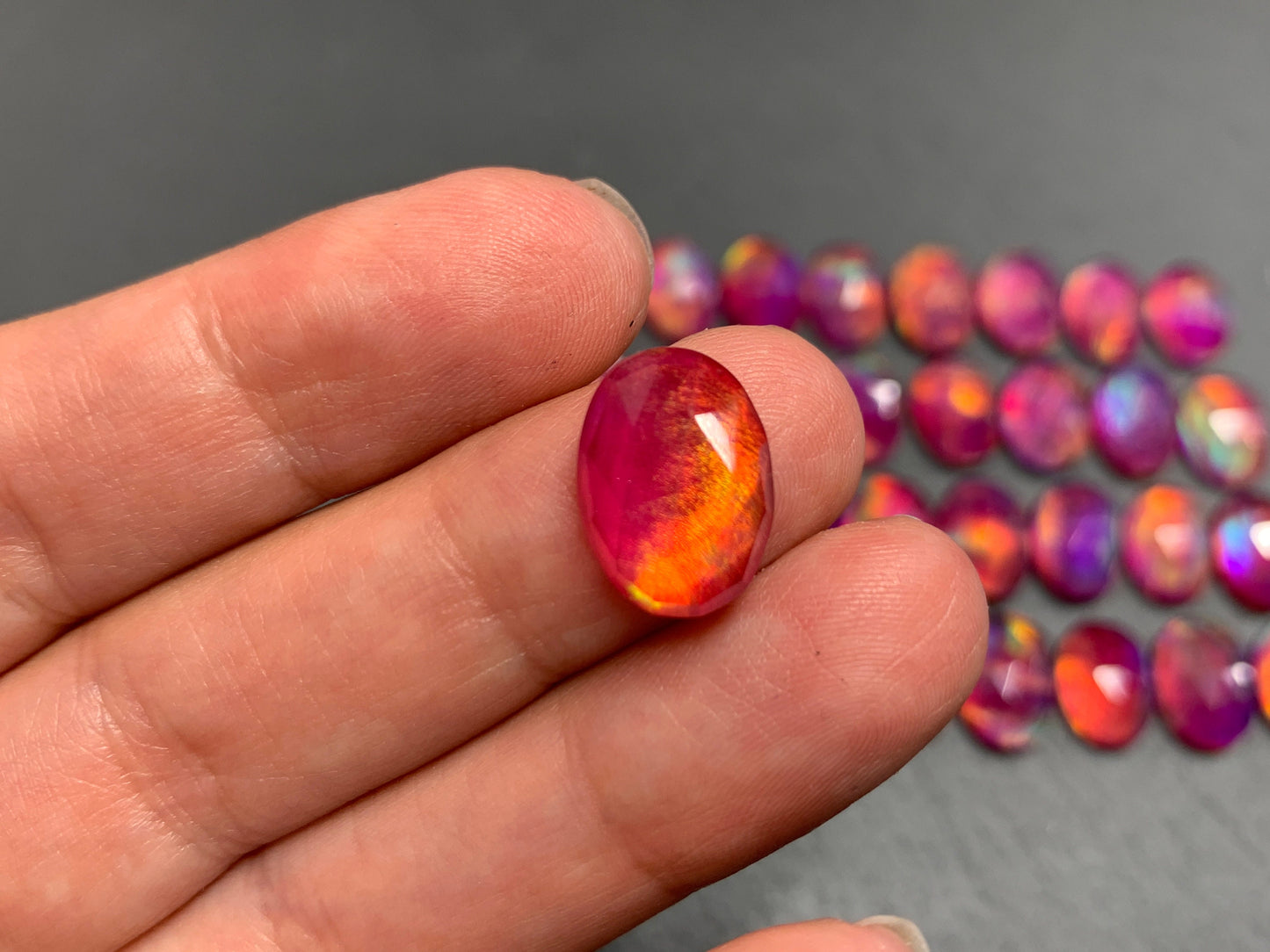 Faceted Aurora Opal oval 10x14mm cabochons - Doublet cabochons