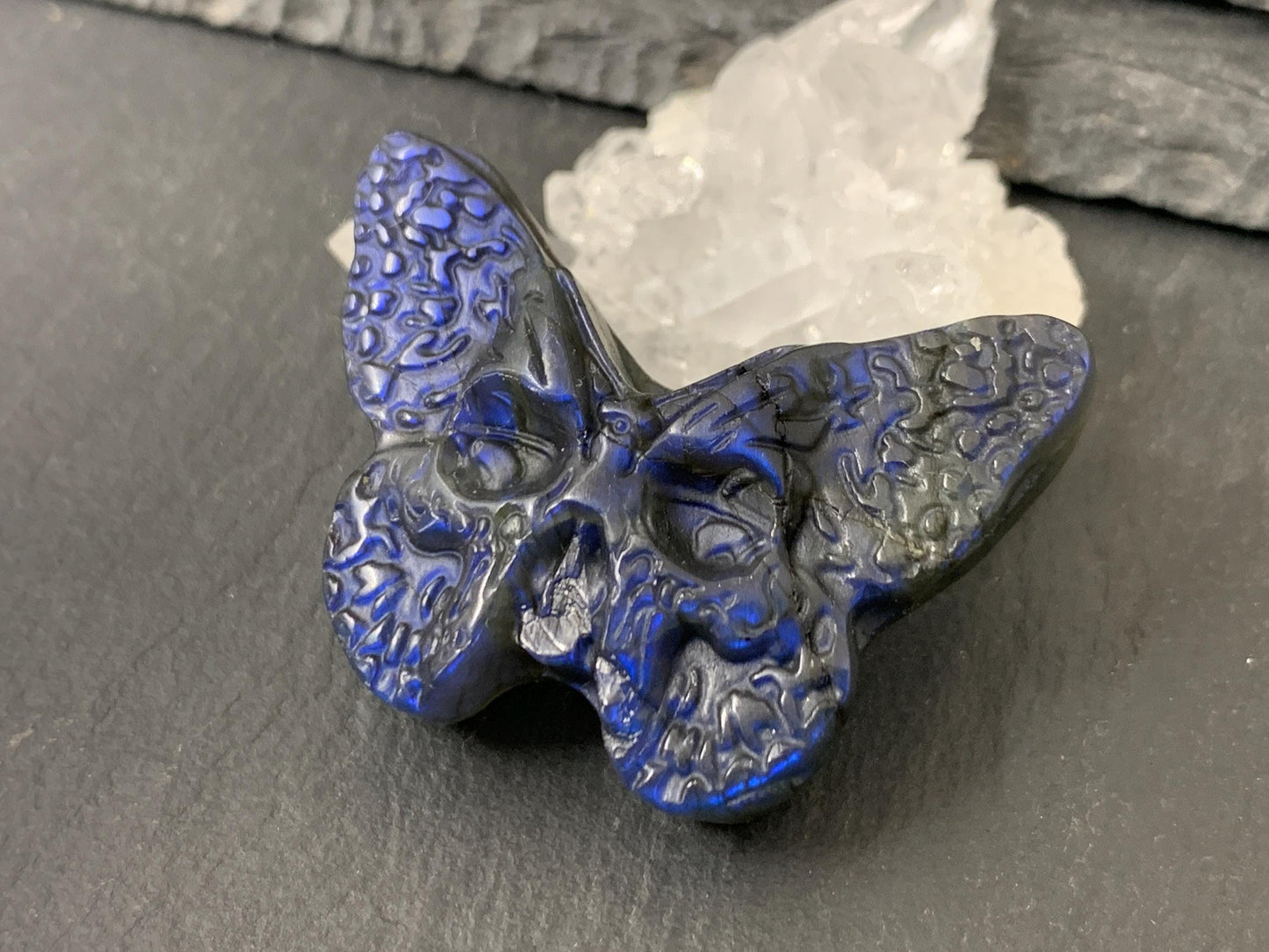 Labradorite Ghost Face Carving – Hand Carved Gemstone Flat Back Butterfly Gift