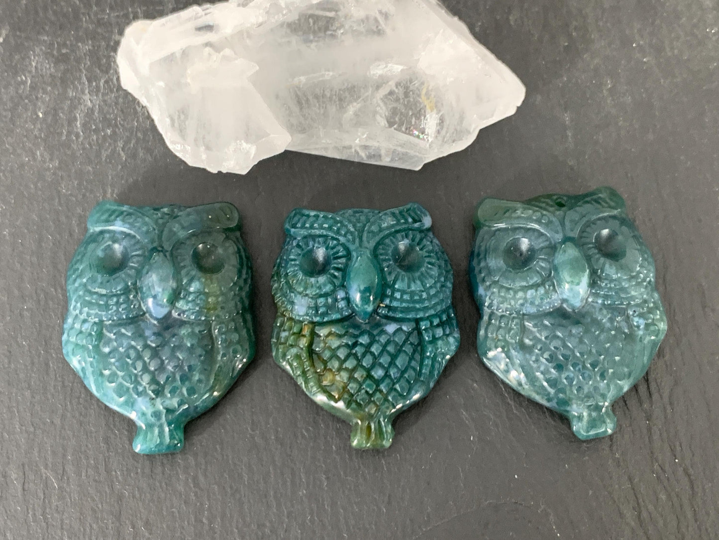 Ocean Jasper owl top drilled cabochon carving