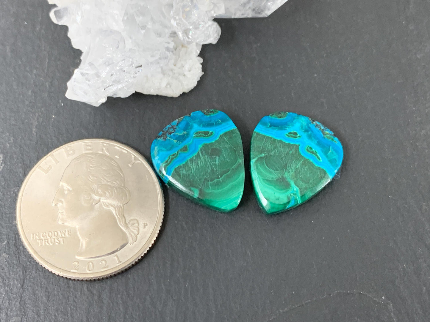 Malachite Chrysocolla pear 15x18x4.5mm cabochon pair