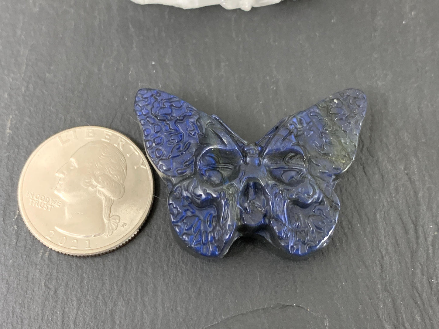 Labradorite Ghost Face Carving – Hand Carved Gemstone Flat Back Butterfly Gift