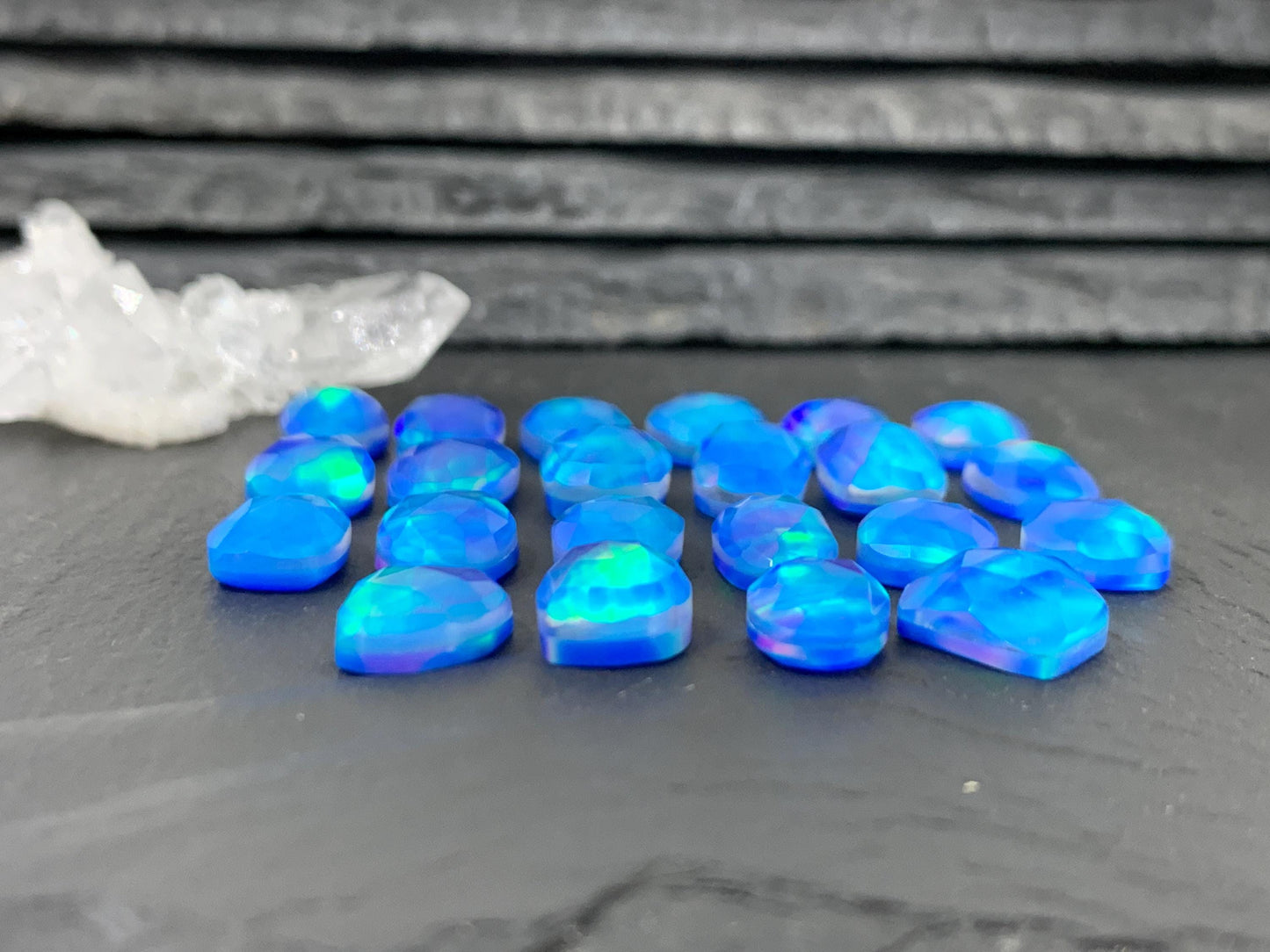 Faceted Aurora Opal oval, free form 11-13mm long doublet cabochons - Doublet cabochons