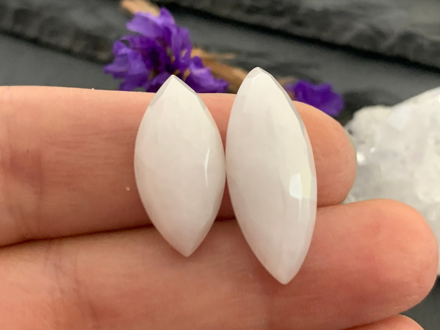 Faceted White Quartzite marquise 10x20mm, 10x25mm cabochon | Calibrated Cabochons