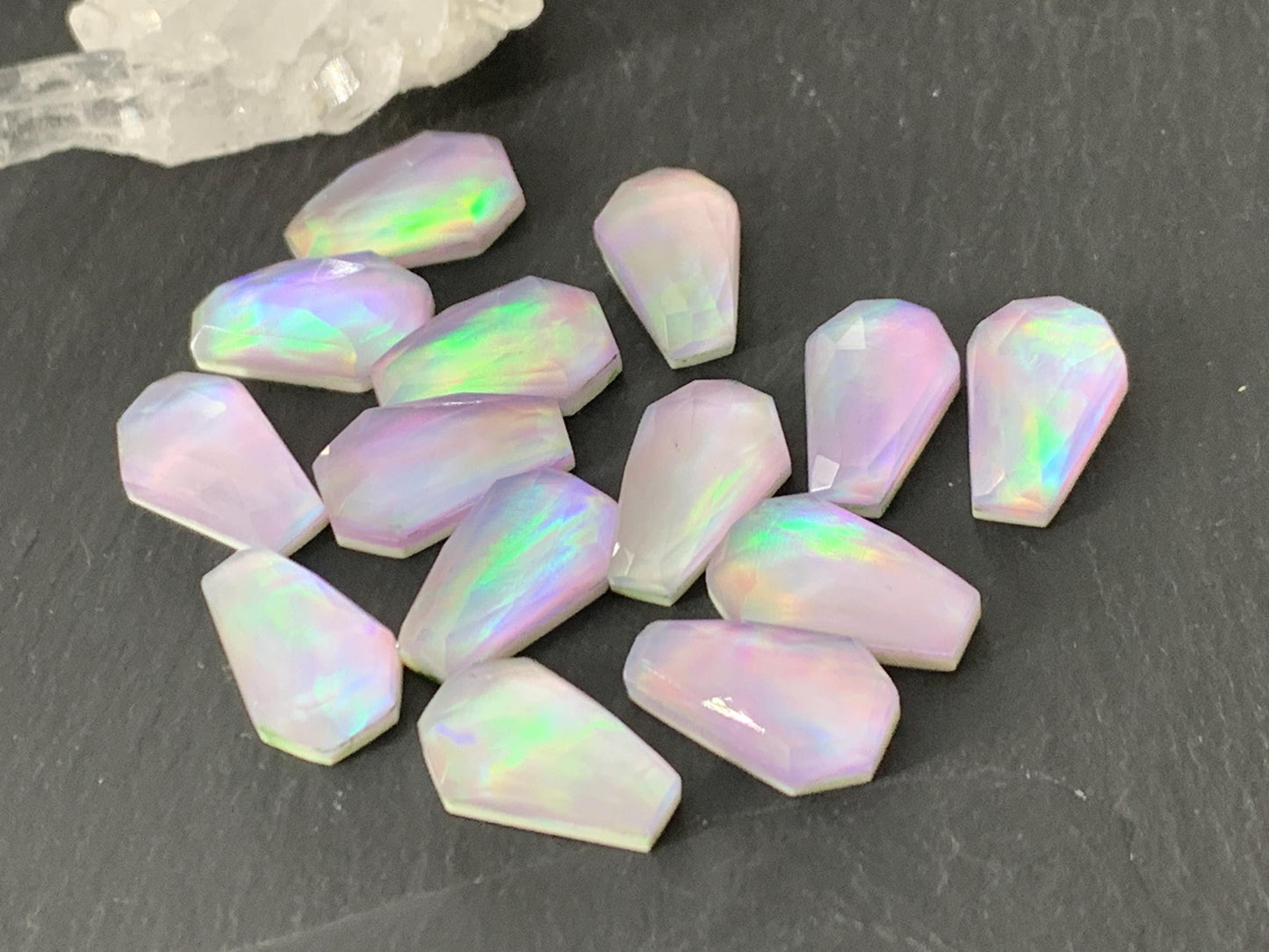 Faceted Aurora Opal coffin 10x16mm cabochon - Doublet cabochons