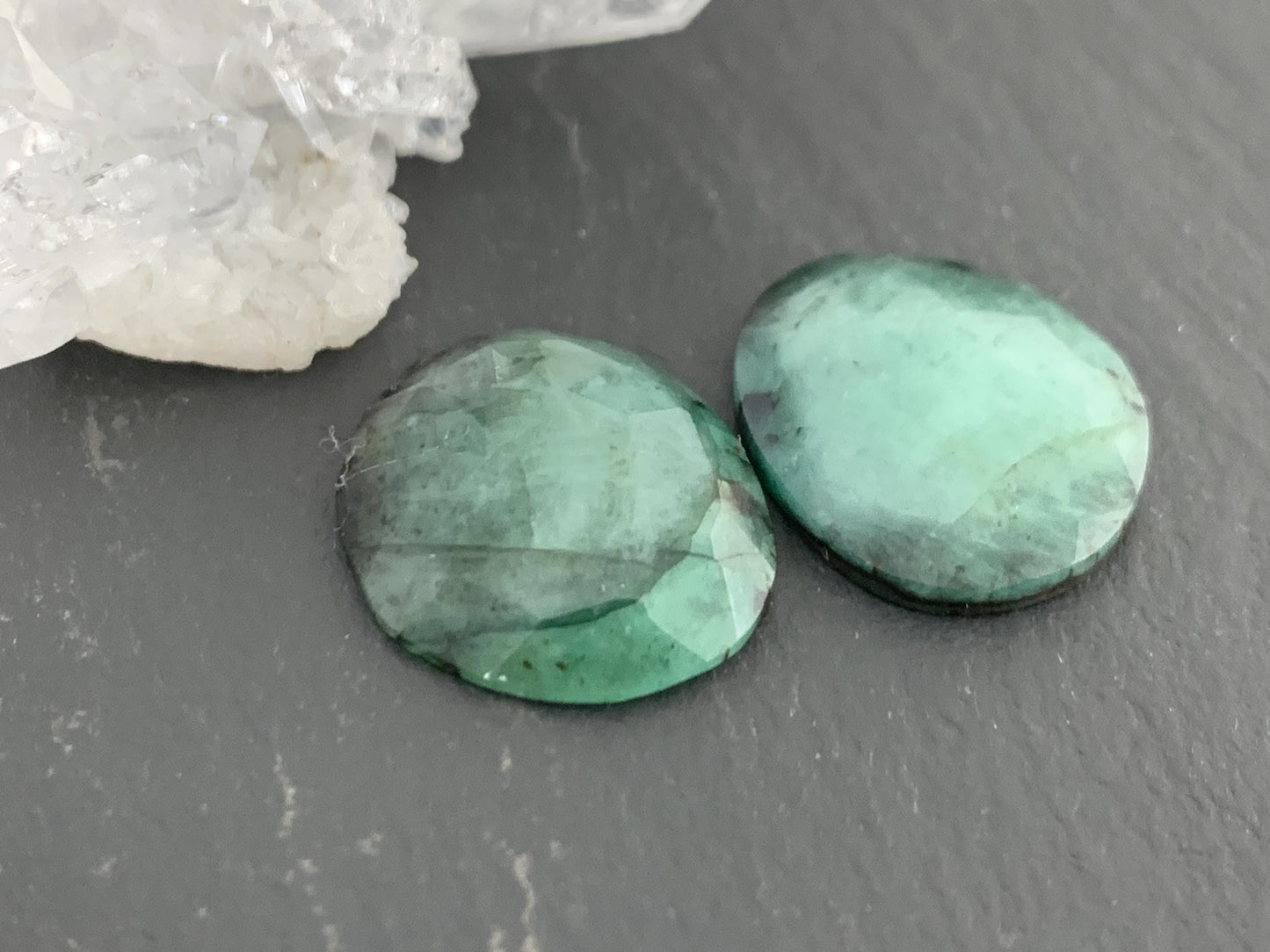 Faceted Emerald Pair 15x17x3mm cabochon