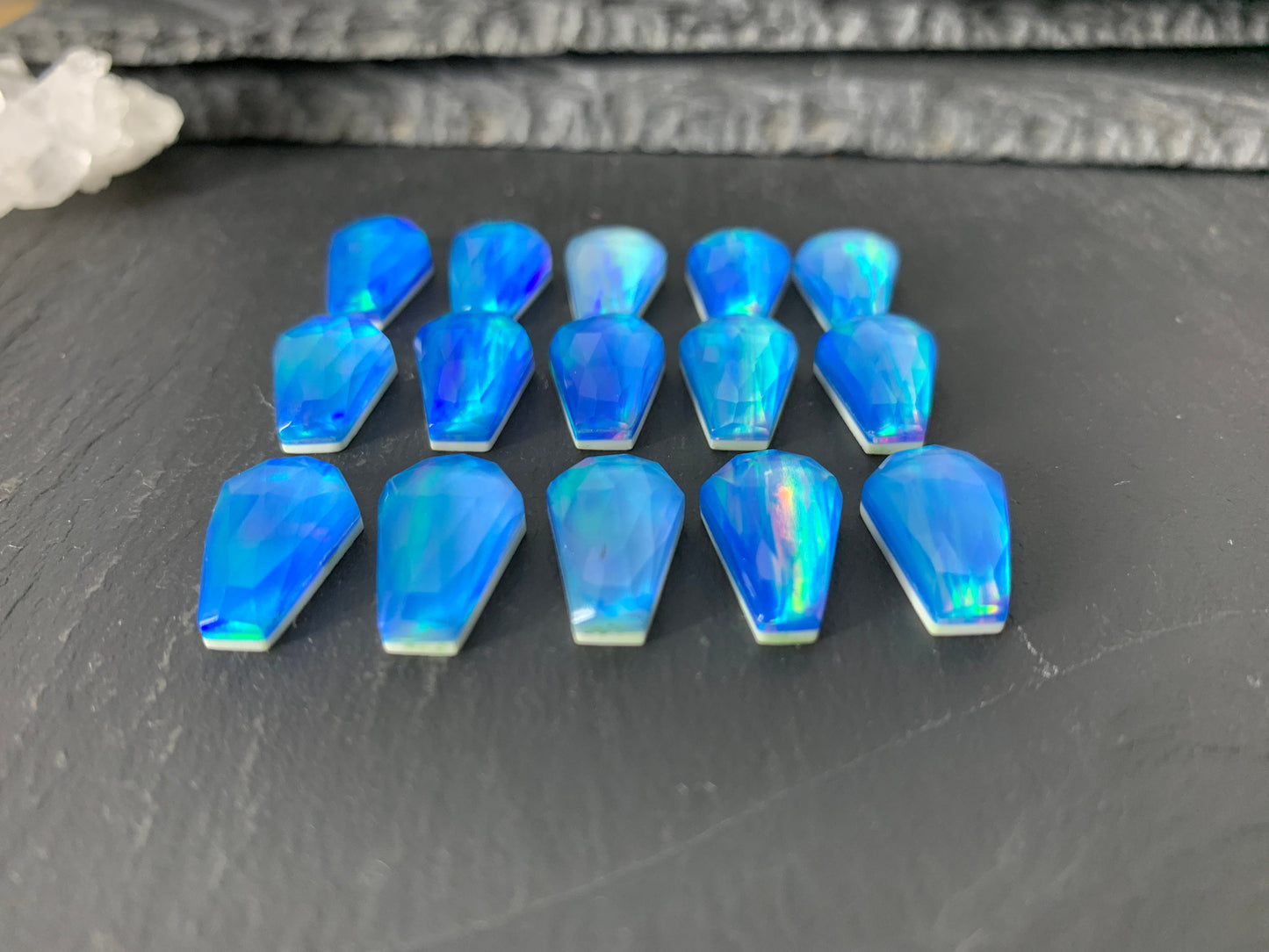 Faceted Aurora Opal coffin 10x16mm cabochon - Doublet cabochons