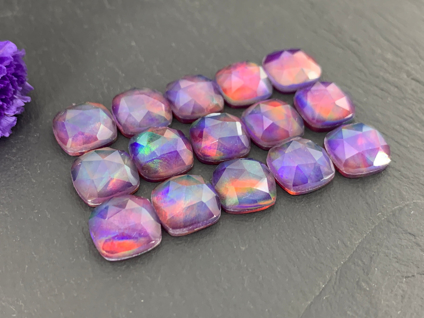 Faceted Aurora Opal square 10mm cabochon - Doublet cabochons