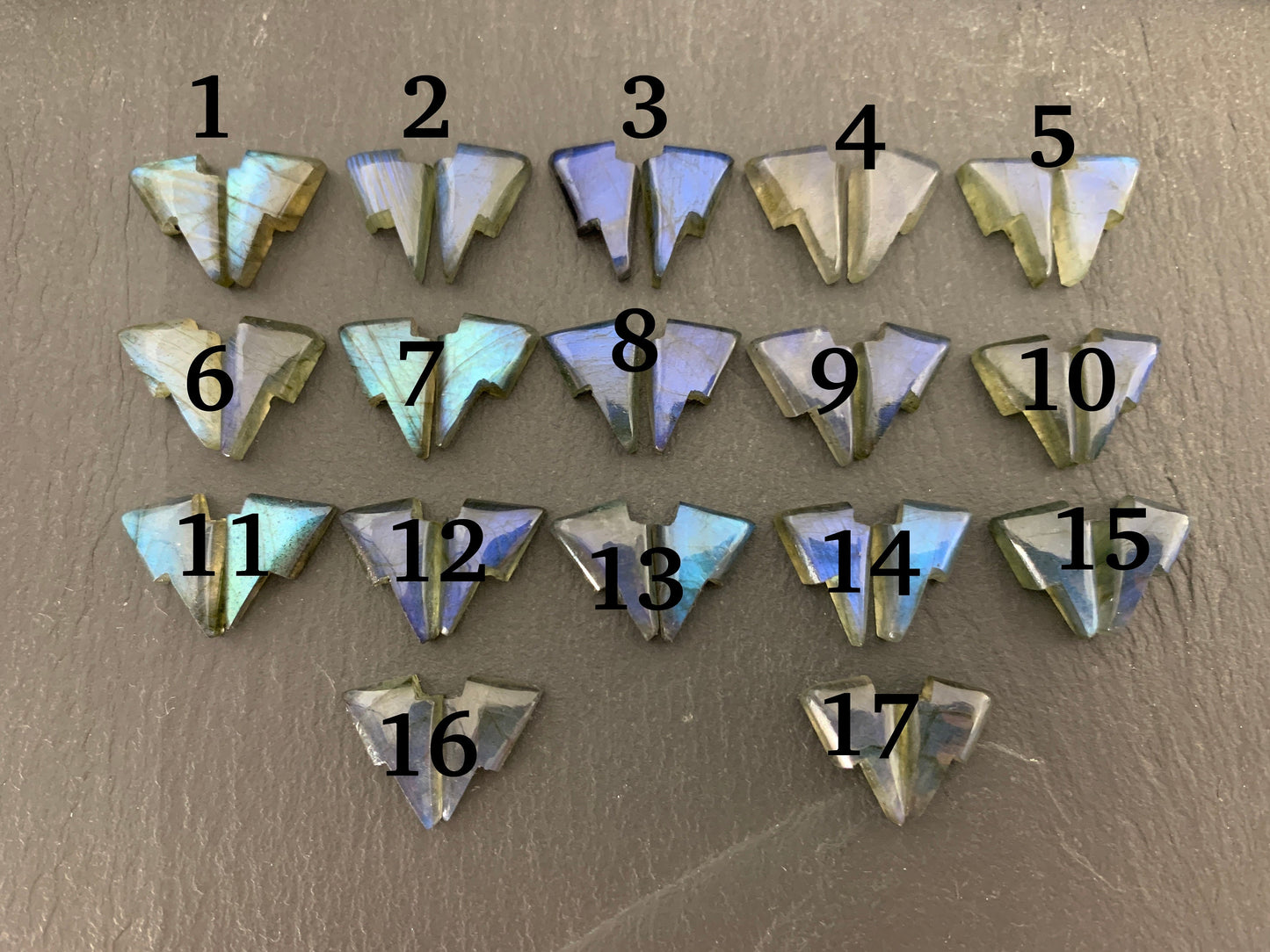 Labradorite lightning bolt pair 9x13mm cabochon