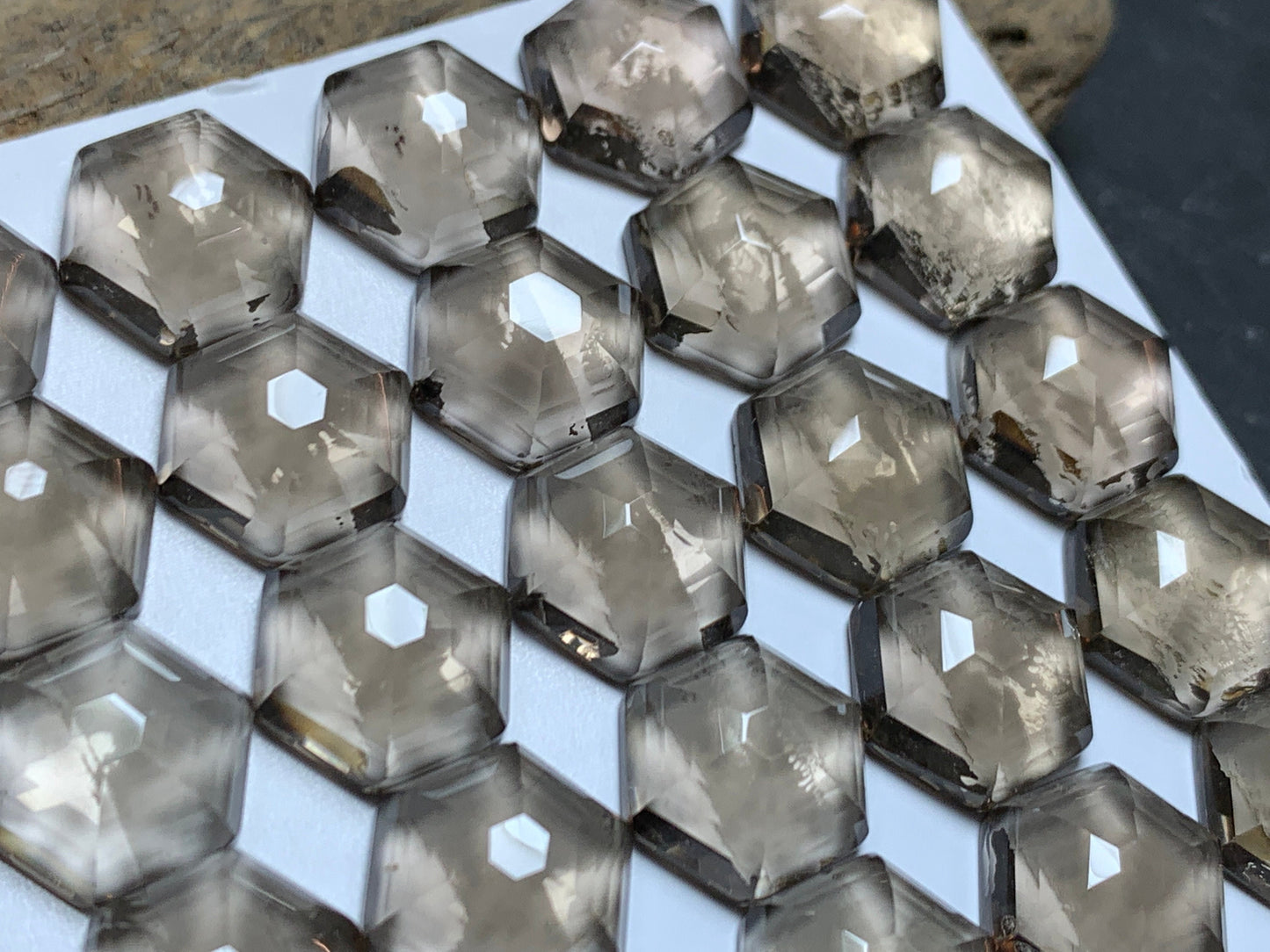 Faceted Smokey Quartz hexagon 12mm cabochon - Calibrated cabochons