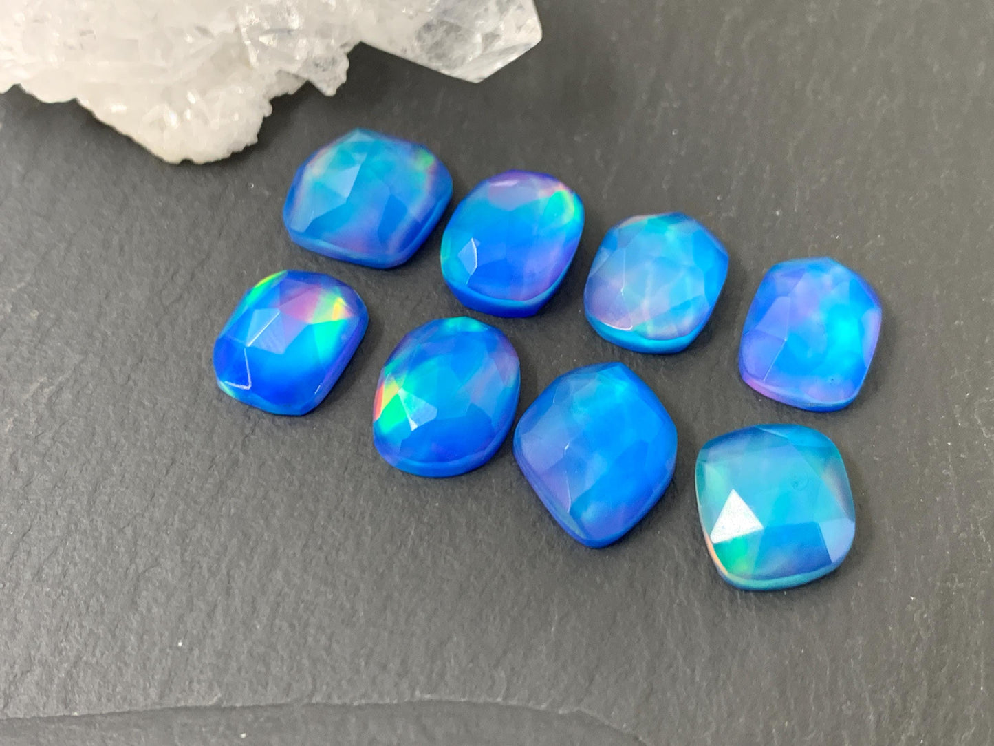 Faceted Aurora Opal free form 10-11mm long doublet cabochons