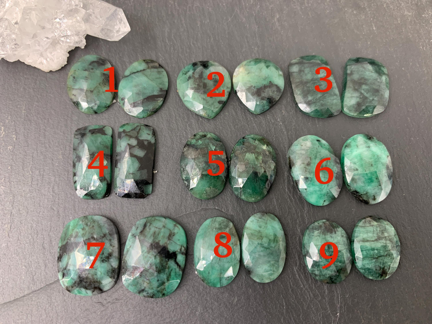 Faceted Emerald Pair 16-21mm long Cabochon