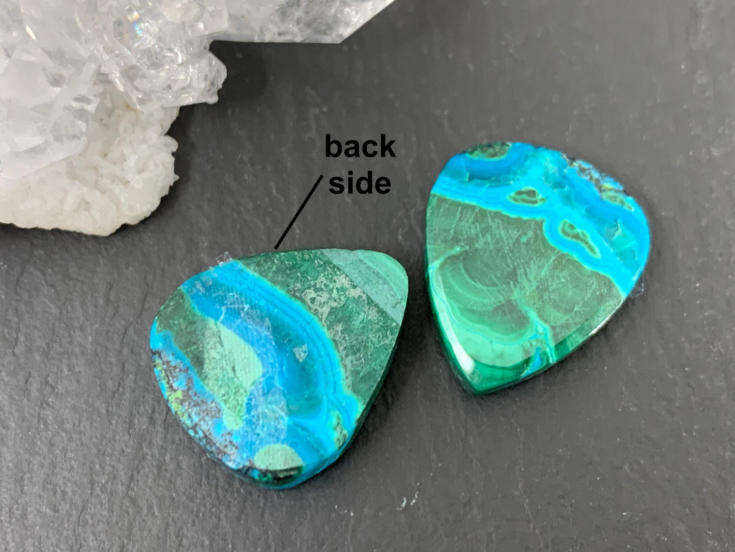 Malachite Chrysocolla pear 15x18x4.5mm cabochon pair