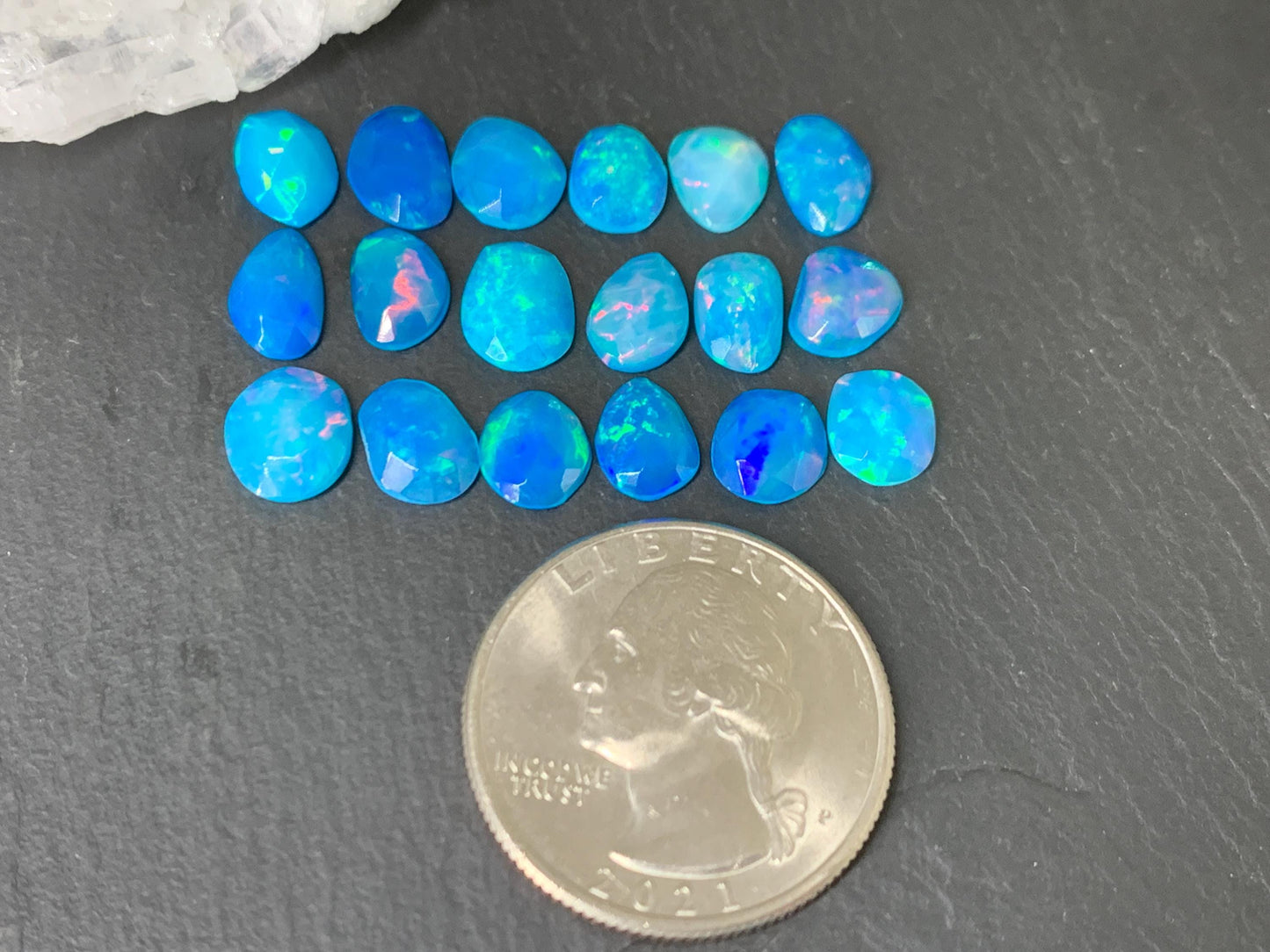 Faceted Blue Ethiopian Opal 8-9mm long cabochon