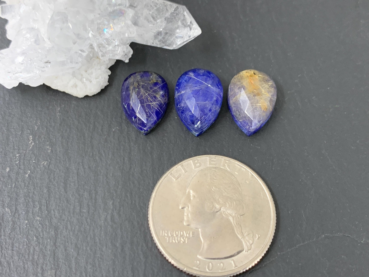 Faceted Gold Rutilated Quartz Lapis Lazuli pear 10x14mm cabochon - Doublem cabochons